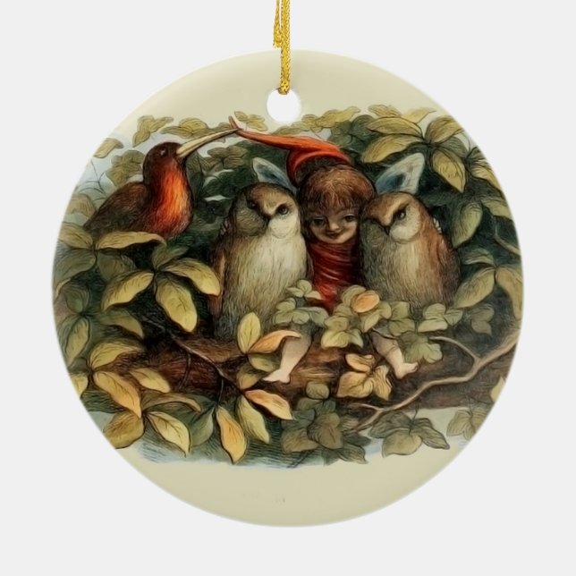 Ugglor och älva naturillustration julgransprydnad keramik (Baksidan)