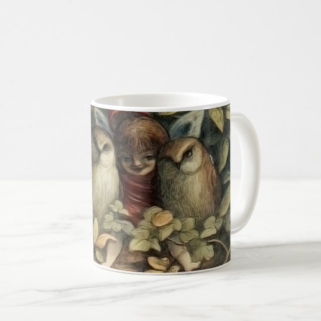 Ugglor och älva naturillustration kaffemugg (Framsida höger)