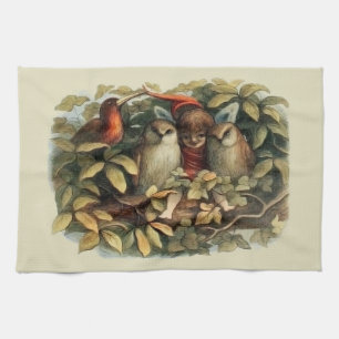Ugglor och älva naturillustration kökshandduk
