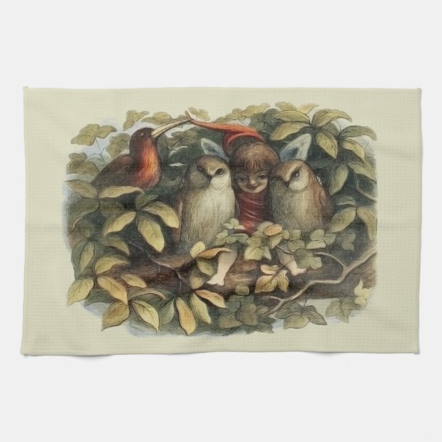 Ugglor och älva naturillustration kökshandduk (Horisontell)