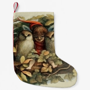 Ugglor och älva naturillustration liten julstrumpa