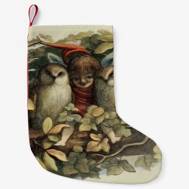 Ugglor och älva naturillustration liten julstrumpa (Framsidan)