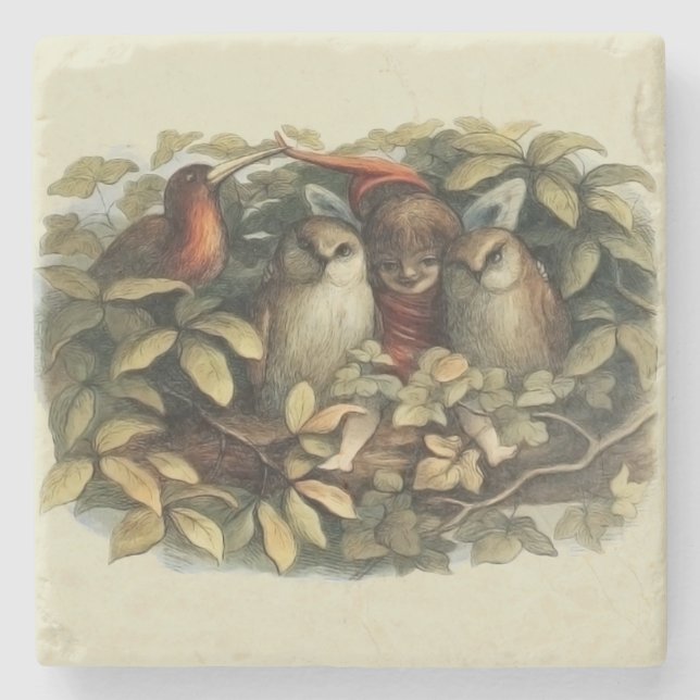 Ugglor och älva naturillustration stenunderlägg (Framsidan)