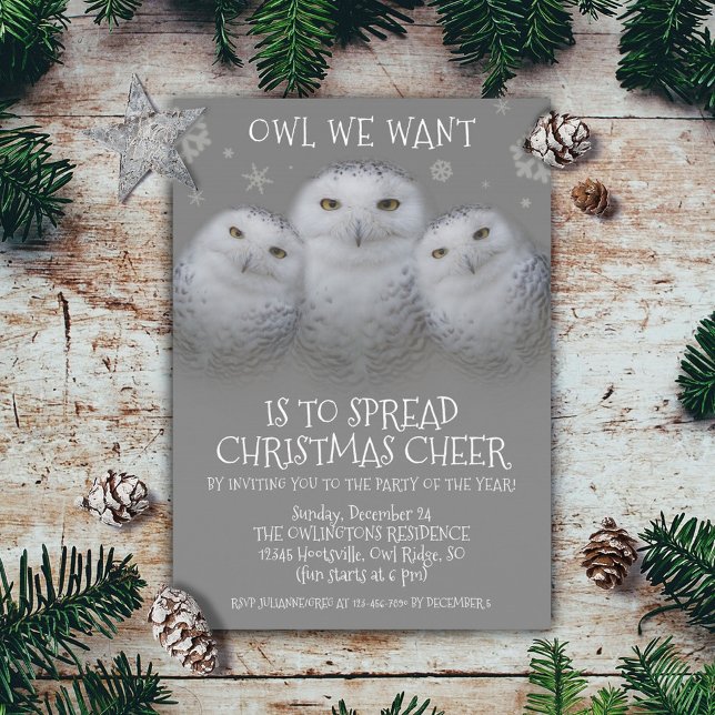 Ugglor Vi Vill Sprida Julglädje Snöugglor Inbjudningar (Owl We Want to Spread Christmas Cheer Holiday Party Invitation Cover Photo)