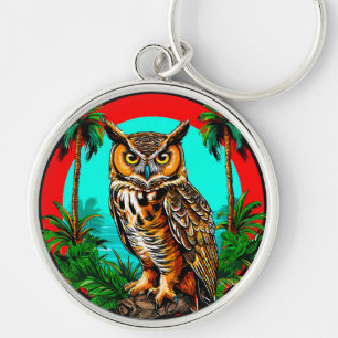 🦉 Ugla sittande på sten Tropisk scen🦉 Rund Silverfärgad Nyckelring