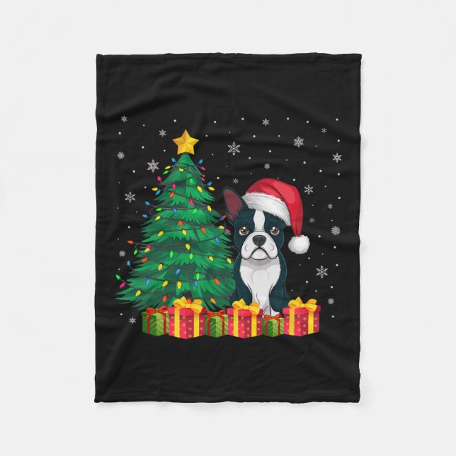 Ugly Boston Terrier Santa Hat jul Ljus Hund Fleecefilt (Framsidan)