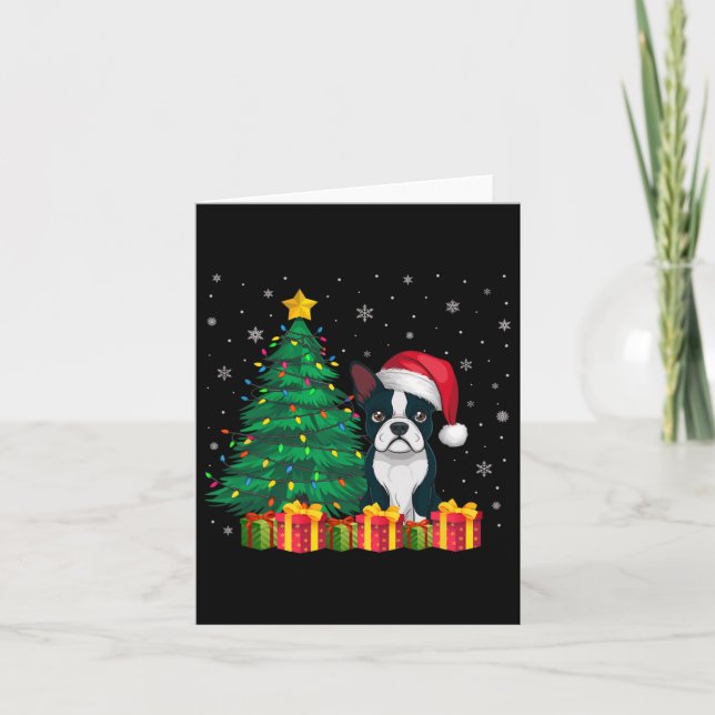 Ugly Boston Terrier Santa Hat jul Ljus Hund Kort (Framsida)
