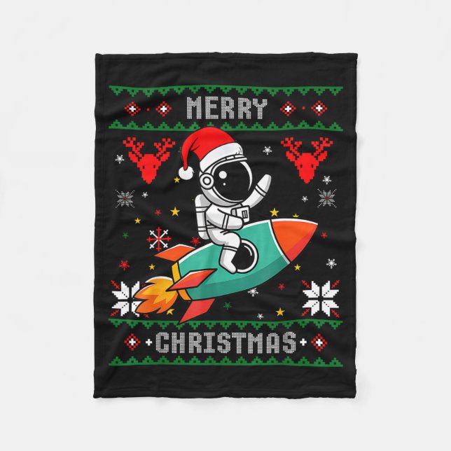 Ugly Christmas Astronaut Riding Rocket Santa Hat T Fleecefilt (Framsidan)