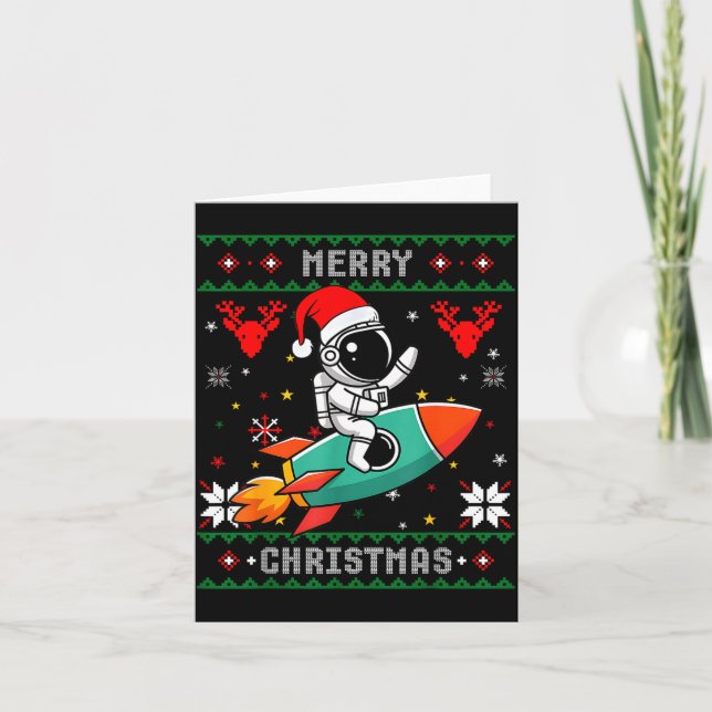 Ugly Christmas Astronaut Riding Rocket Santa Hat T Kort (Framsida)