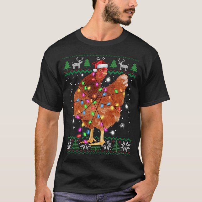 Ugly Christmas Chicken Santa Hat Lights Sweater  T Shirt (Framsida)