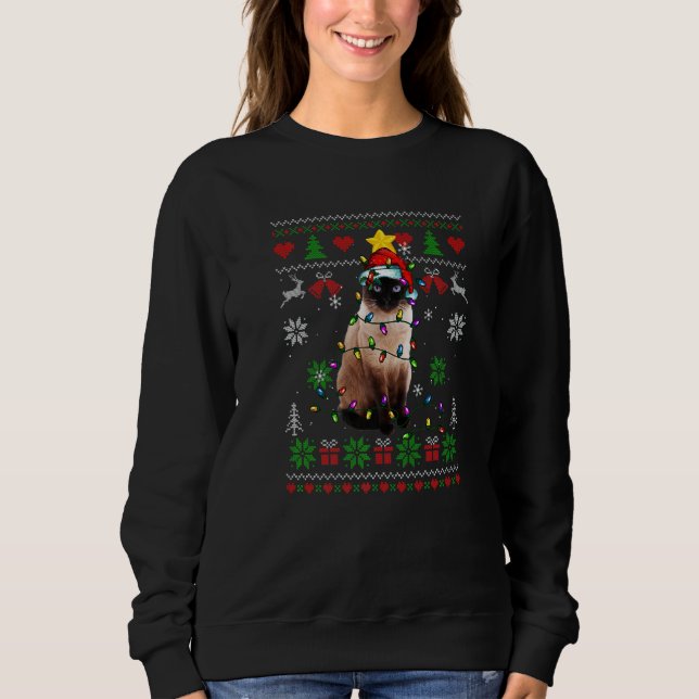 Ugly Christmas Siamese Cat Lights Santa Hat T Shirt (Framsida)
