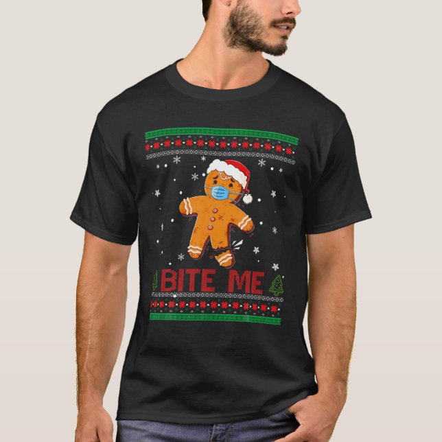 Ugly Christmas Sweater Bite Me Gingerbread Man Cos T Shirt (Framsida)