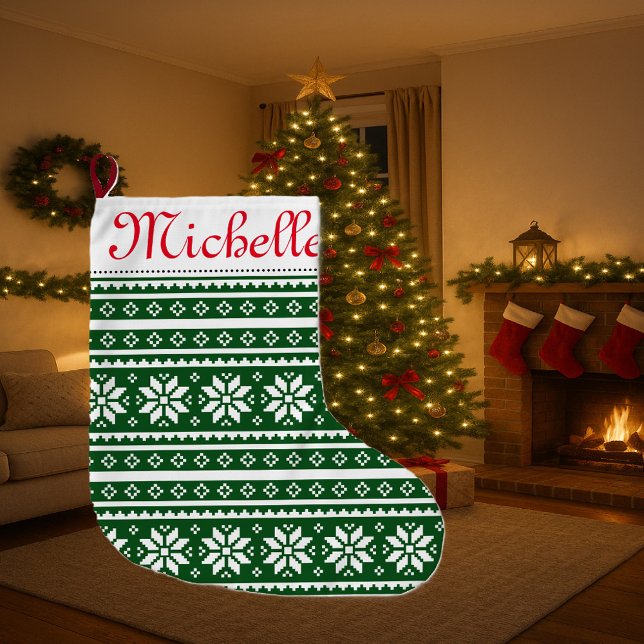 Ugly christmas sweater mönster, julstrumpor (Christmas stocking with snowflake pattern and custom name)
