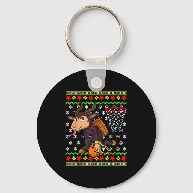 Ugly Christmas Sweater Pattern Kids Krampus Basket Nyckelring (Framsida)