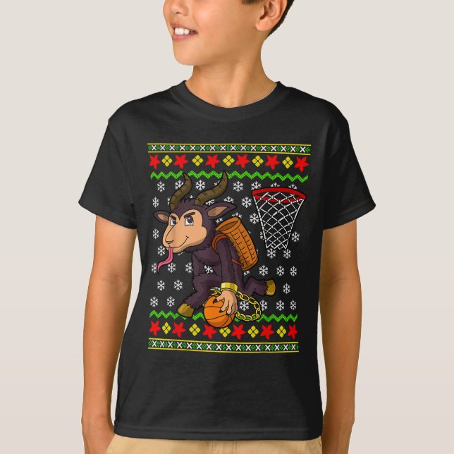 Ugly Christmas Sweater Pattern Kids Krampus Basket T Shirt (Framsida)