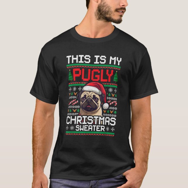 Ugly Christmas Sweater Pug Candy Cane Graphic  T Shirt (Framsida)