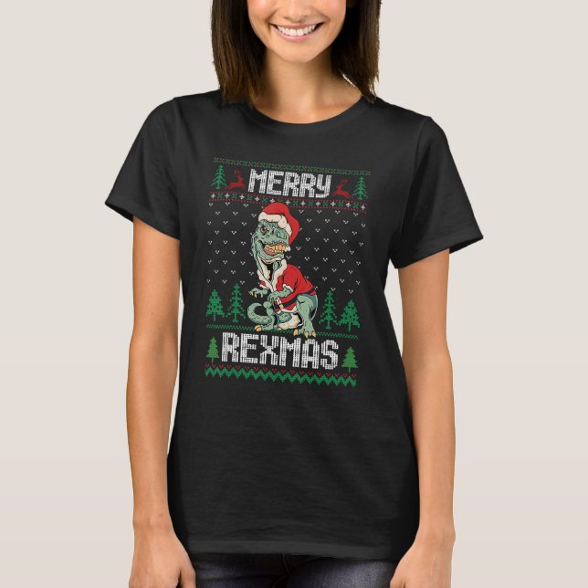 Ugly Christmas Sweater Rex Dinosaur Merry Rexmas T Shirt (Framsida)