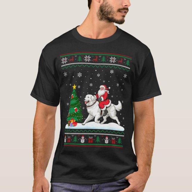 Ugly Christmas Tree Lights Santa Riding Great Pyre T Shirt (Framsida)