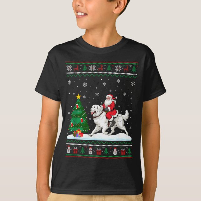 Ugly Christmas Tree Lights Santa Riding Great Pyre T Shirt (Framsida)