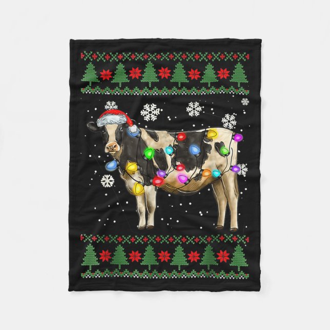 Ugly Cow Christmas Sweater Santa Hat And Light Up  Fleecefilt (Framsidan)