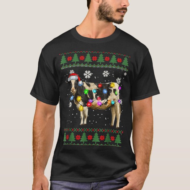 Ugly Cow Christmas Sweater Santa Hat And Light Up  T Shirt (Framsida)