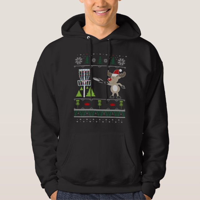 Ugly Disk Golf jul Sweater Reindeer Sleigh Hoodie (Framsida)