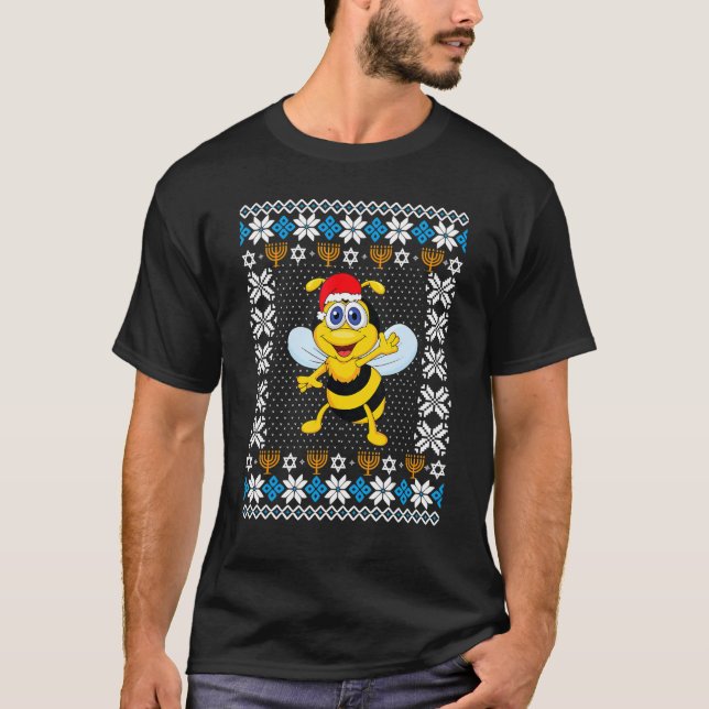 UGLY Hanukah jul Pajama Bee Santa Hat T Shirt (Framsida)