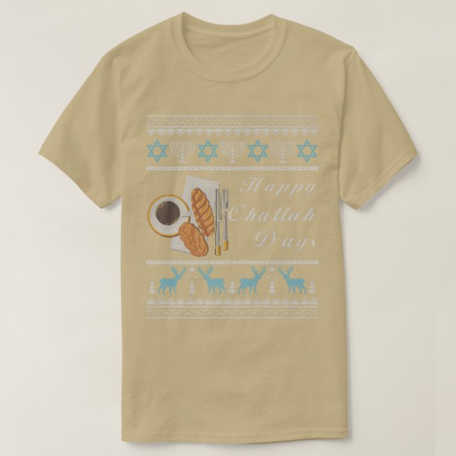 Ugly Hanukah Sweater Menorah Lycklig Challah Days  T Shirt (Design framsida)