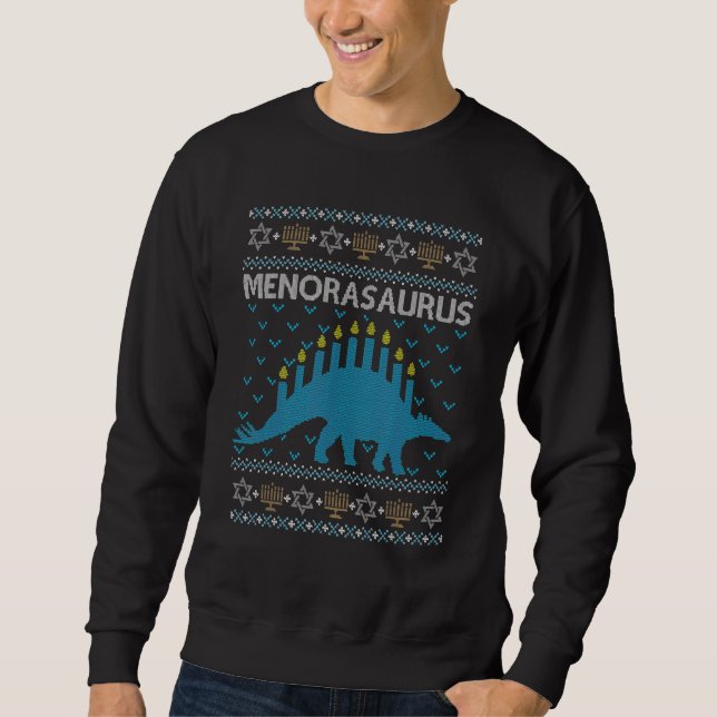 Ugly Hanukkah Sweater  Dinosaur Menorasaurus Lång Ärmad Tröja (Framsida)