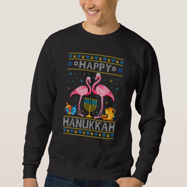 Ugly Hanukkah Sweater  Flamingo Menorah Dreidel Lång Ärmad Tröja (Framsida)