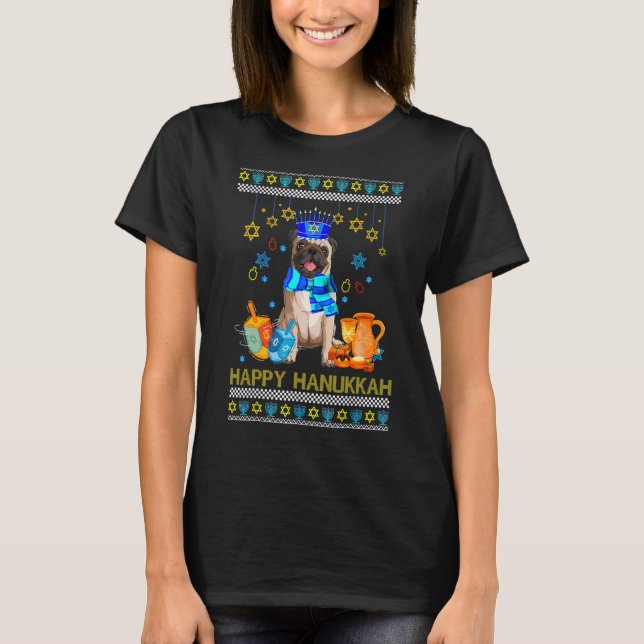 Ugly Hanukkah Sweater Jewish Pug Hund Menorah T Shirt (Framsida)