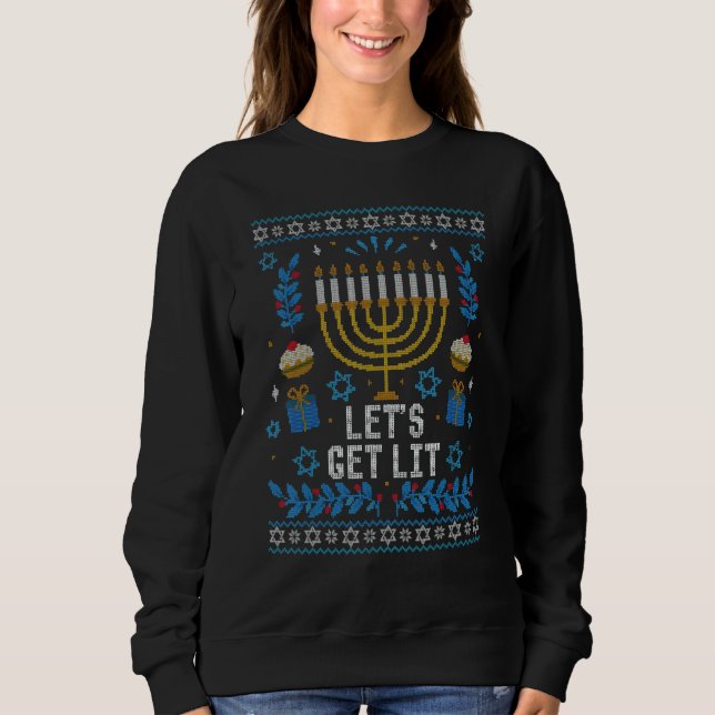 Ugly Hanukkah Sweater Lets Get Lit Menorah Men Wom T Shirt (Framsida)