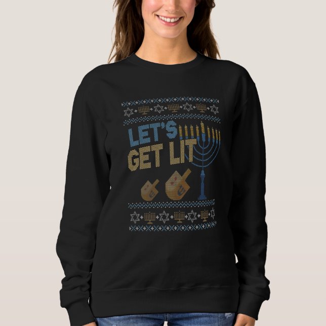 Ugly Hanukkah Sweater Lets Get Lit Menorah T Shirt (Framsida)