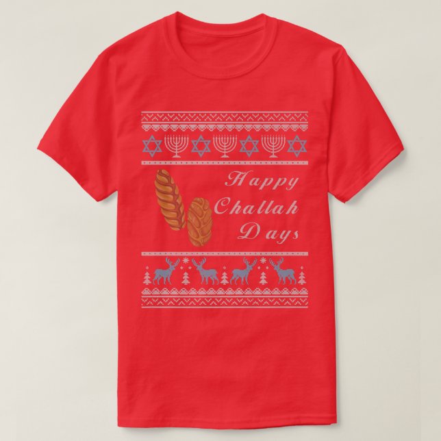 Ugly Hanukkah Sweater Menorah Happy Challah Days C T Shirt (Design framsida)