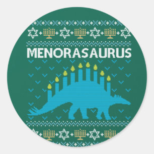 Ugly Hanukkah Sweater, Menorasaurus, Jewish Dinosa Runt Klistermärke