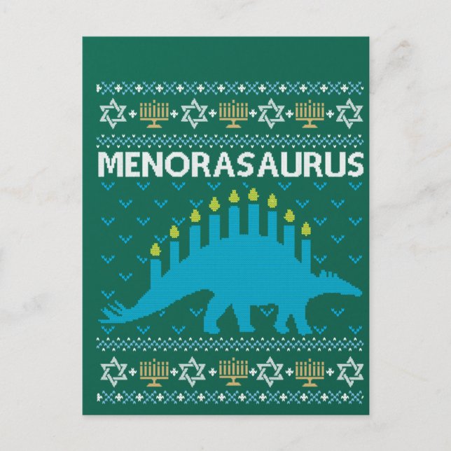 Ugly Hanukkah Sweater, Menorasaurus, Jewish Dinosa Vykort (Framsida)