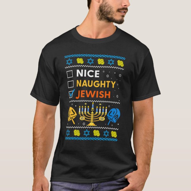 Ugly Hanukkah Sweater Nice Naughty Jewish Kids Gir T Shirt (Framsida)