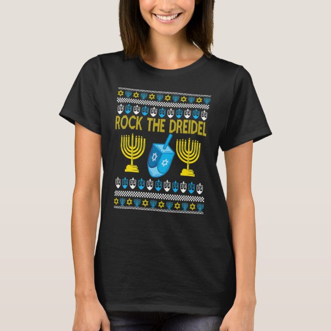 Ugly Hanukkah Sweater Rock The Dreidelorah Candles T Shirt (Framsida)