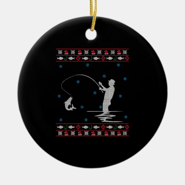 Ugly jul Fisherman Fisherman Fishing Rod Julgransprydnad Keramik (Framsidan)