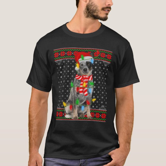 Ugly Julafton Hund Ljus Santa Hat Blue Heeler Hund T Shirt (Framsida)