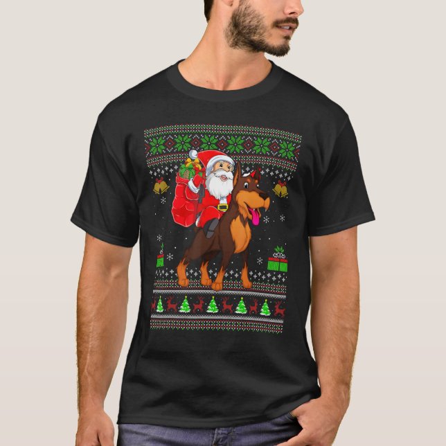 Ugly Julafton Jultomten Riding Dobermann jul T Shirt (Framsida)