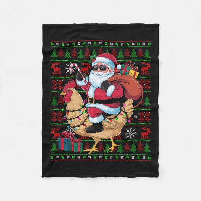 Ugly Julafton Ljus Funny Santa Riding Chicken Bird Fleecefilt (Framsidan)