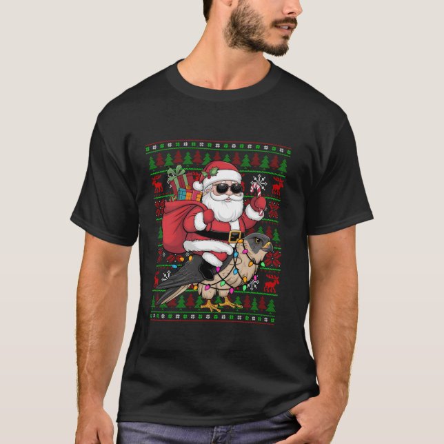 Ugly Julafton Ljus Funny Santa Riding Falcon Bird  T Shirt (Framsida)