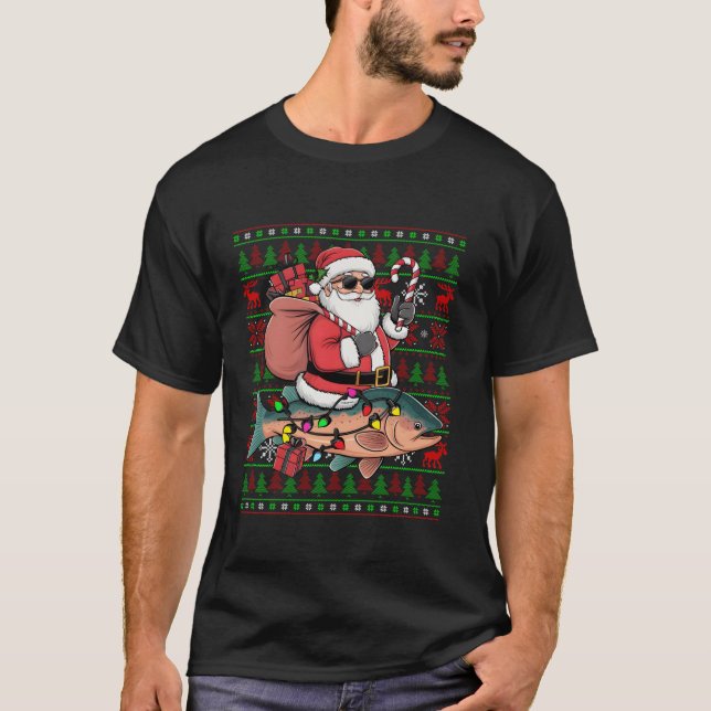 Ugly Julafton Ljus Funny Santa Riding Salmon Fish  T Shirt (Framsida)