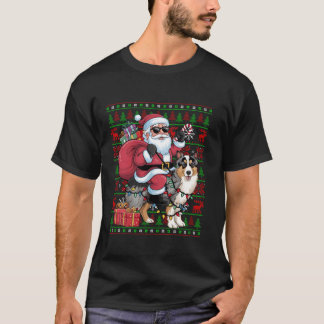 Ugly Julafton Ljus Santa Riding Shetland Sheepdog  T Shirt