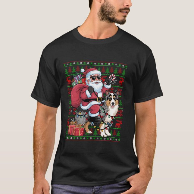 Ugly Julafton Ljus Santa Riding Shetland Sheepdog  T Shirt (Framsida)