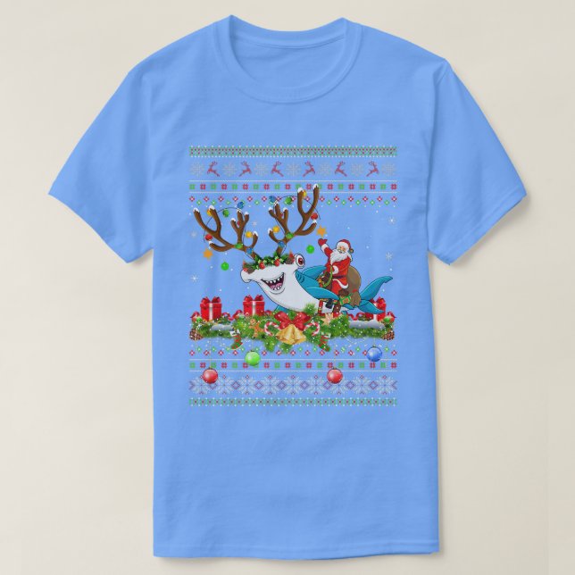 Ugly Julafton Santa Riding Hammerhead Shark jul T Shirt (Design framsida)