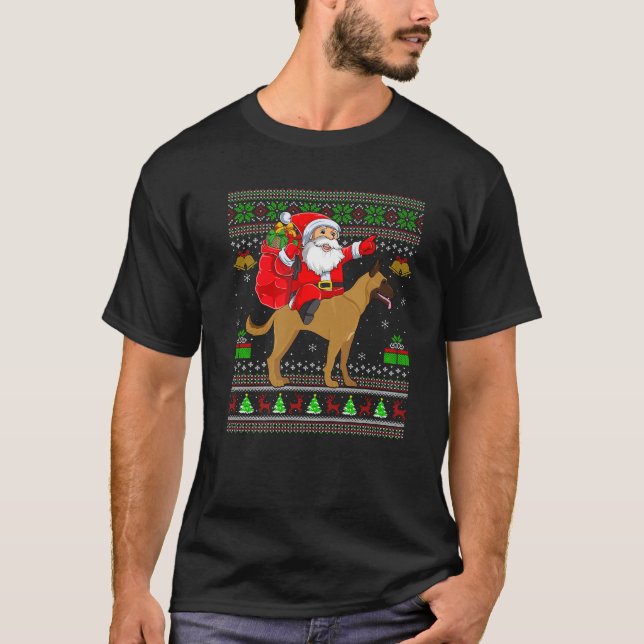 Ugly Julafton Sweater Funny Santa Riding Malinois  T Shirt (Framsida)
