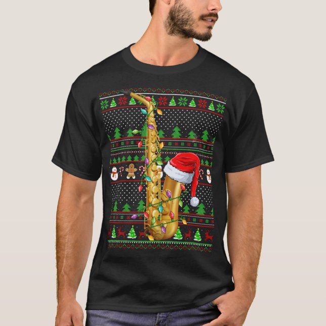 Ugly Julafton Sweater Stil Lighting Saxophone Chri T Shirt (Framsida)