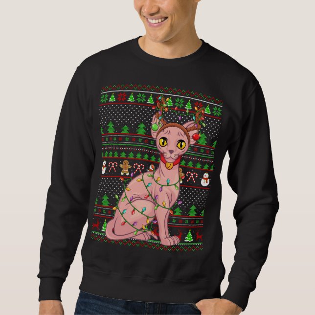 Ugly Julafton Sweater Stil Lighting Sphynx Cat Kri Lång Ärmad Tröja (Framsida)